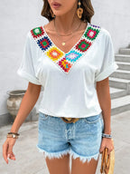 Embroidered Contrast V-Neck Short Sleeve Top - Chic & Versatile