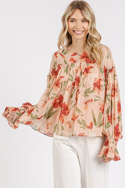 Mittoshop Floral Round Neck Ruffled Sleeve Blouse