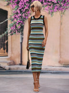 CoastEase Striped Sleeveless Round Neck Cover-Up Midi Dress