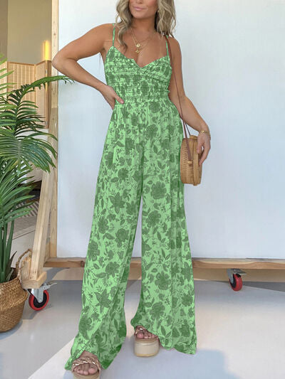 Full Size Printed Spaghetti Strap Wide Leg Jumpsuit - Trendy & Chic