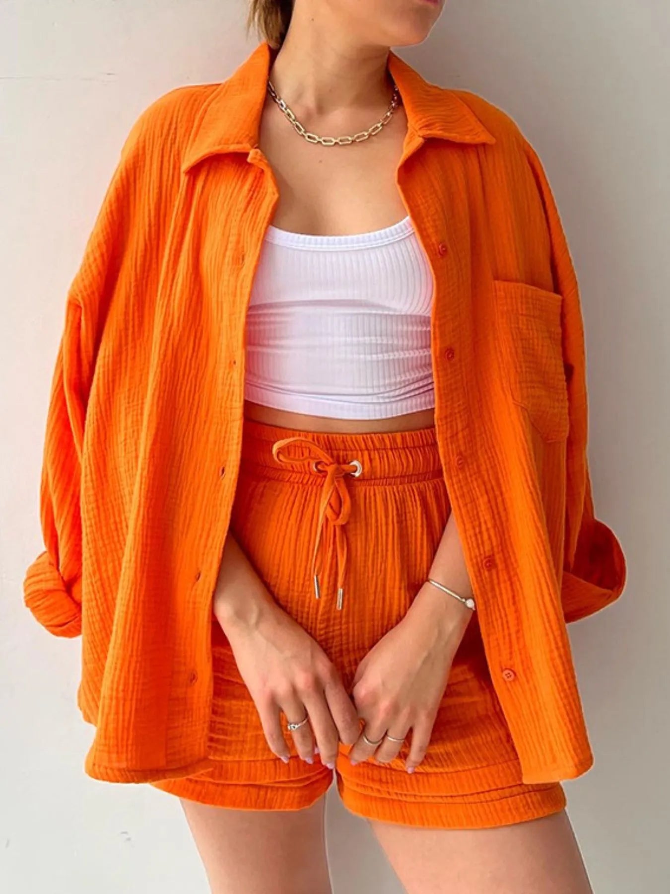 Chic Textured Button-Up Shirt & Shorts Two-Piece Set