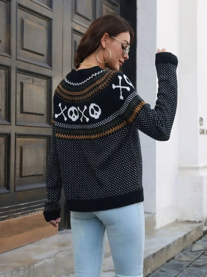 Skull Print Round Neck Acrylic Sweater