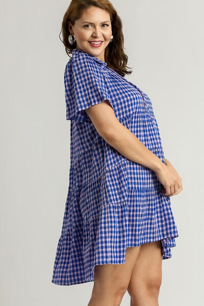 Umgee Full Size Gingham Tiered Button Detail Short Sleeve Dress