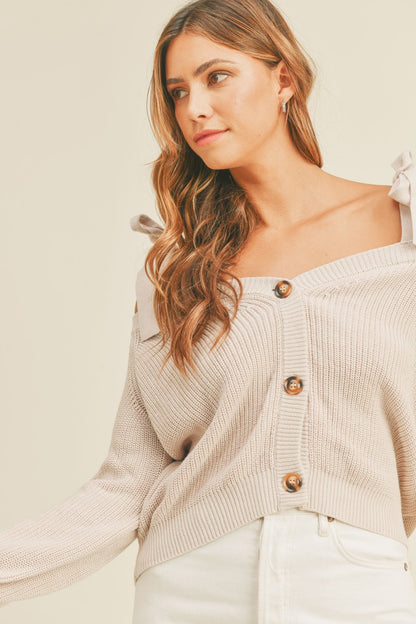 MABLE Off Shoulder Self-Tie Strap Button Down Sweater