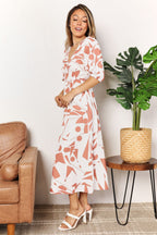 WhimsyGrace Printed Surplice Balloon Sleeve Midi Dress