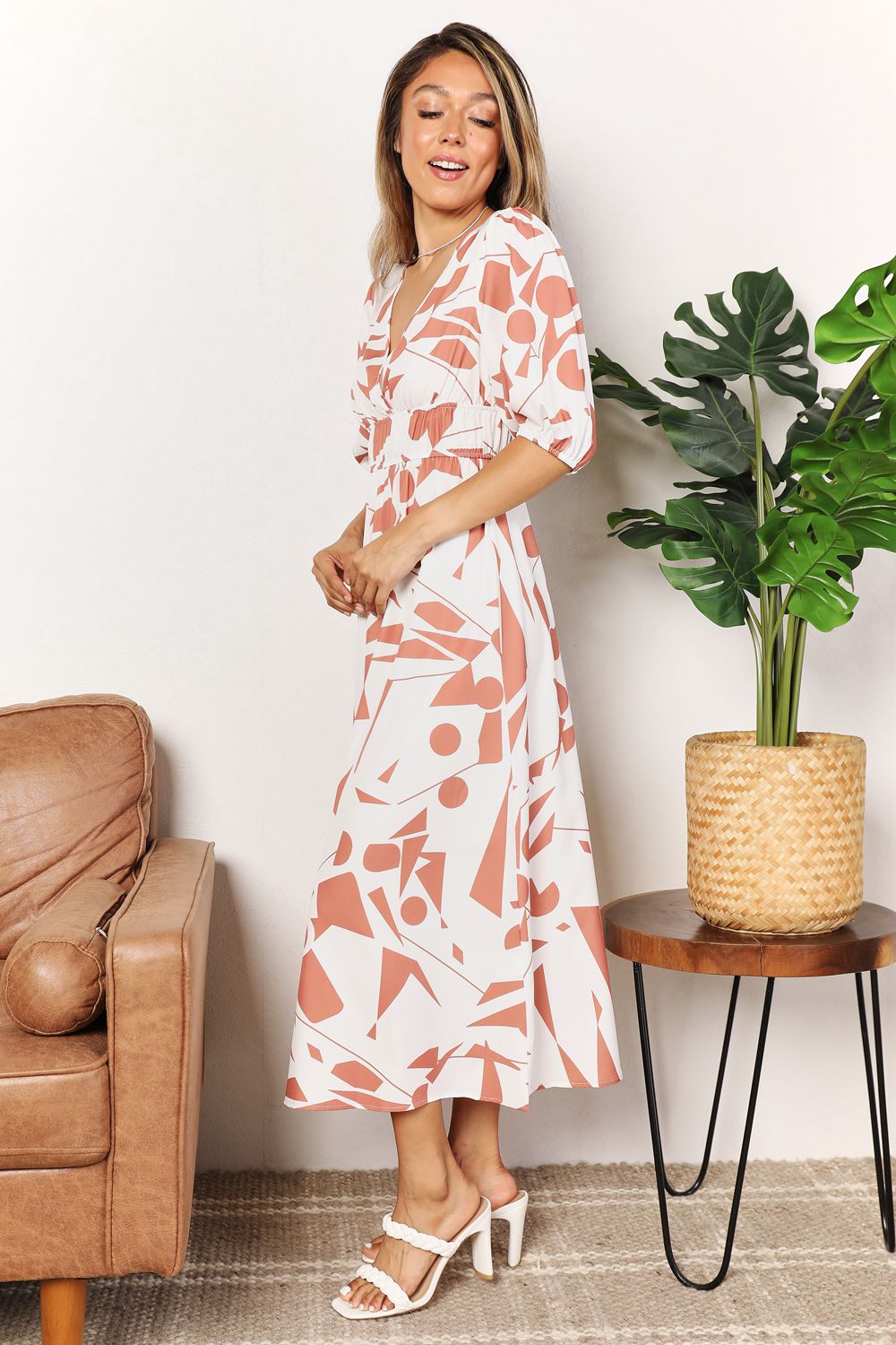 WhimsyGrace Printed Surplice Balloon Sleeve Midi Dress