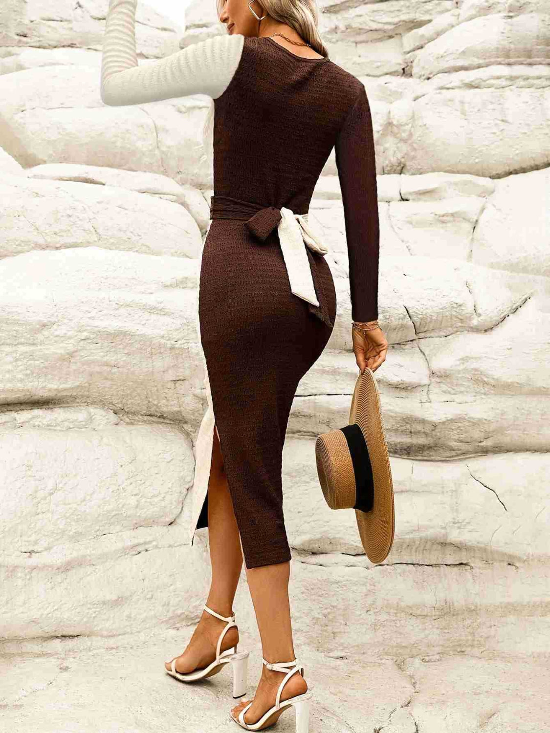 Two-Tone Slit Round Neck Long Sleeve Midi Dress