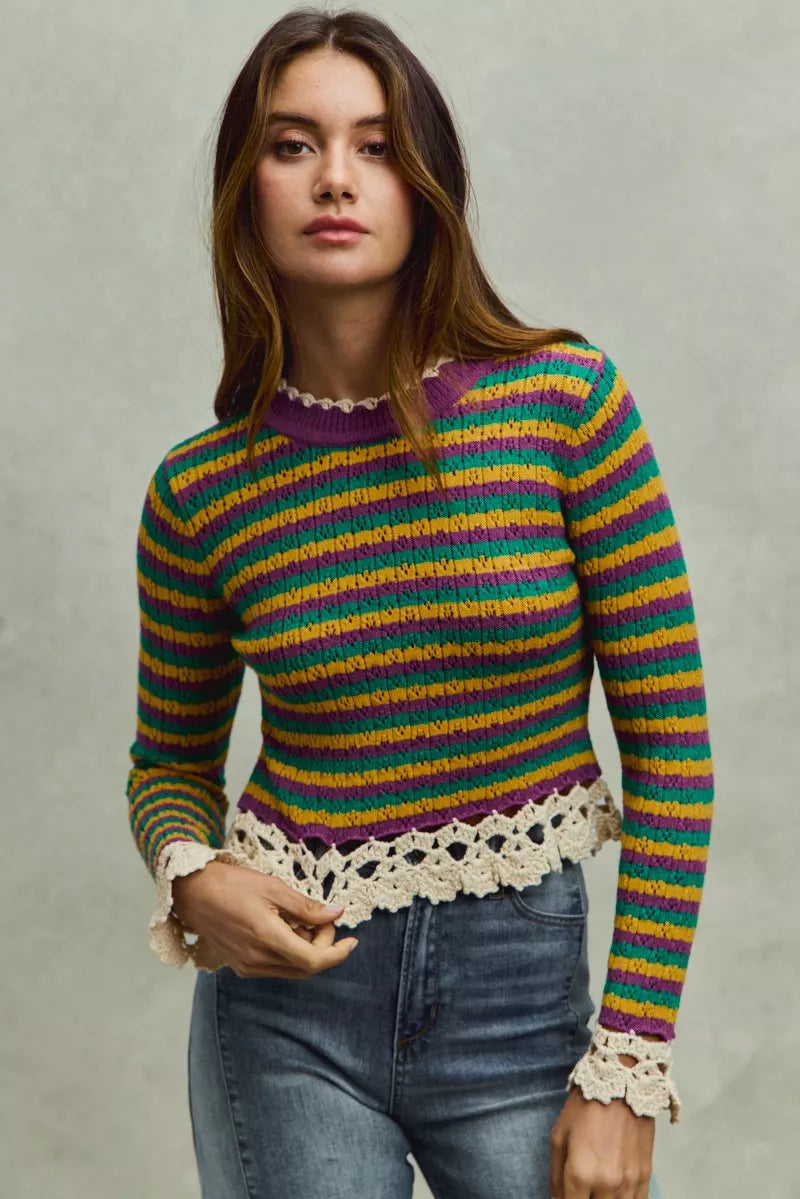 SO ME Mardi Gras Striped Crochet-Trim Cropped Knit Top PURP GOLD GRN OAT