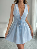 Striped Pom-Pom Trim Tie-Front Sleeveless Mini Dress Light Blue
