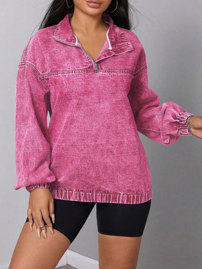 Zip Collar Long Sleeve Denim Shirt Top