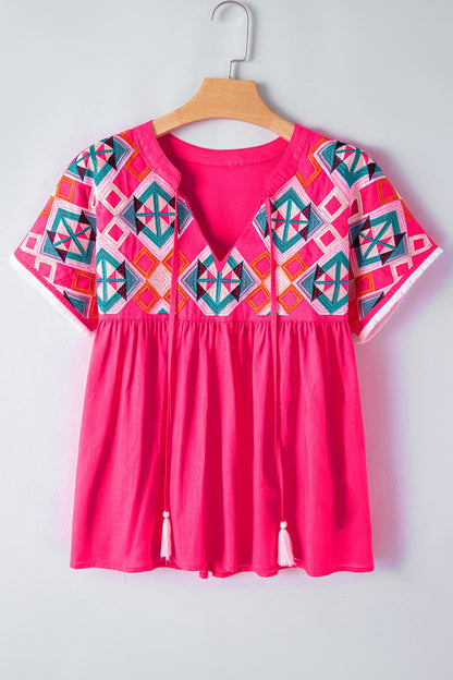 Geometric Embroidered Tassel Tie-Neck Cotton Blouse