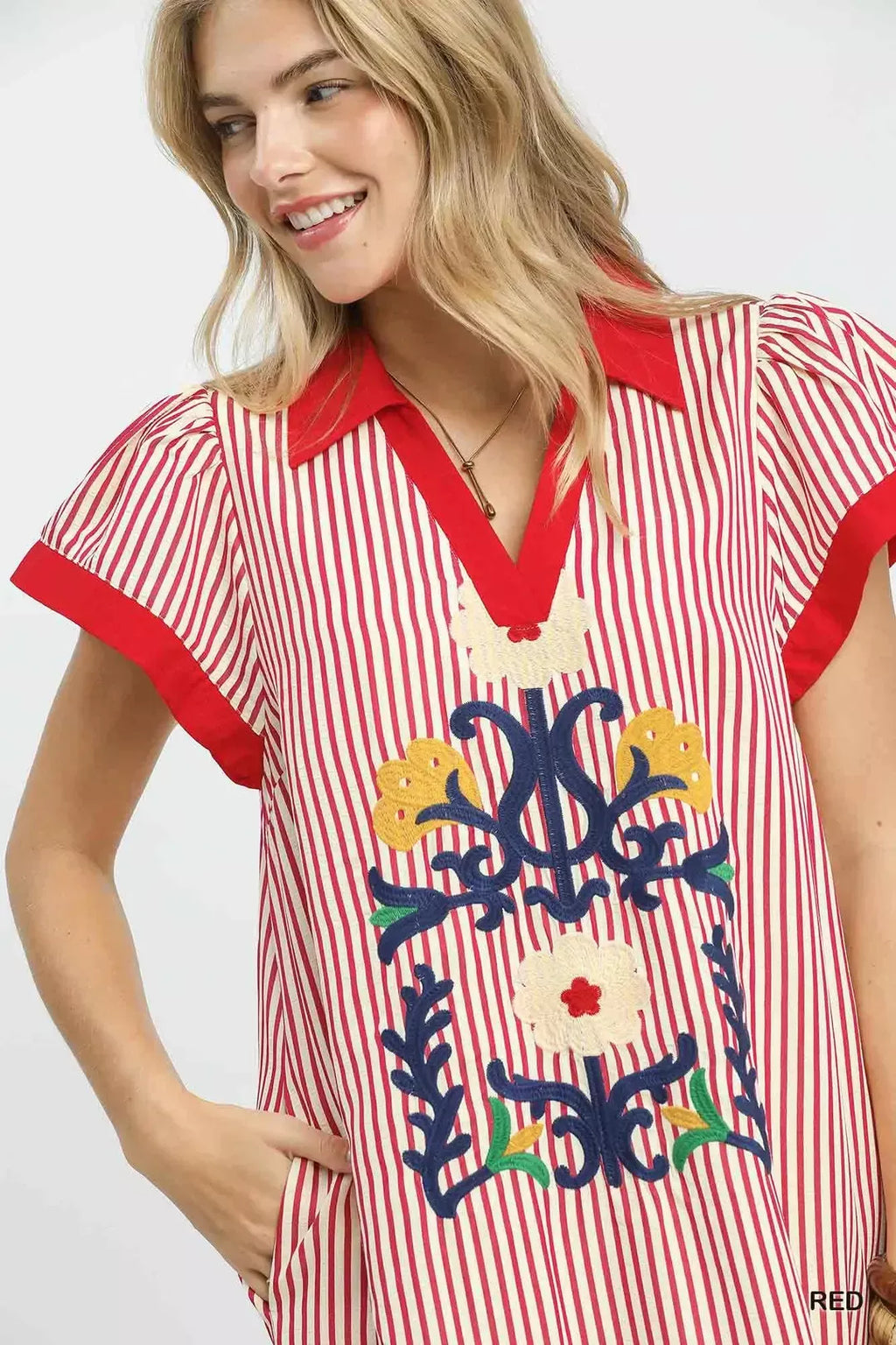 Umgee Floral Embroidered Stripe Caftan Dress with Side Slits