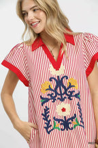 Umgee Floral Embroidered Stripe Caftan Dress with Side Slits