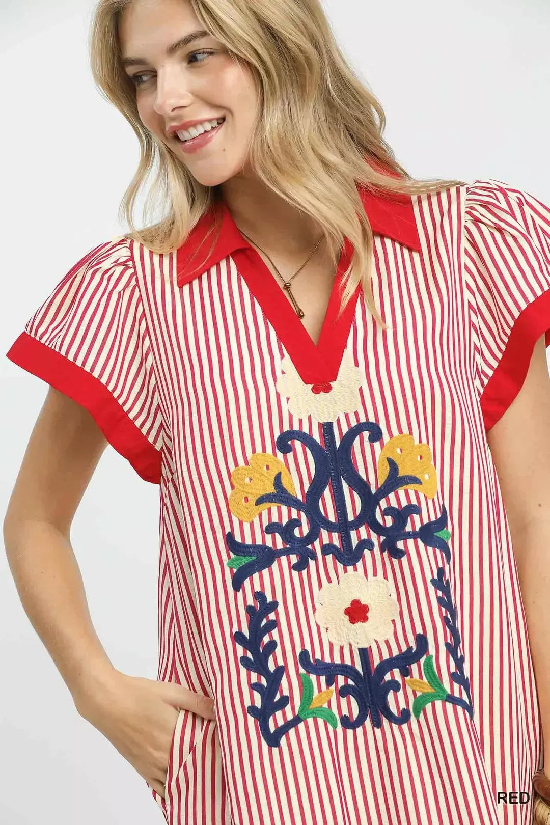 Umgee Floral Embroidered Stripe Caftan Dress with Side Slits