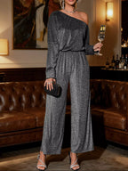 Elegant Glitter One-Shoulder Long Sleeve Wide-Leg Jumpsuit