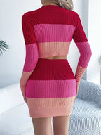 Color Block Ribbed Knit Sweater Top & Skirt Set