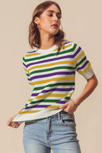 SO ME Mardi Gras Crew-Neck Striped Breathable Sweater Ivory