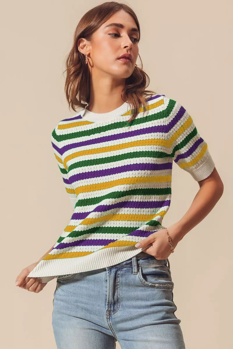 SO ME Mardi Gras Crew-Neck Striped Breathable Sweater Ivory