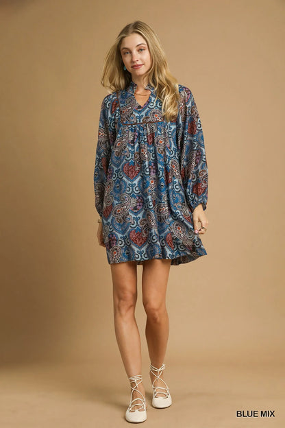 Umgee Bohemian Paisley Print Babydoll Mini Dress with Balloon Sleeves