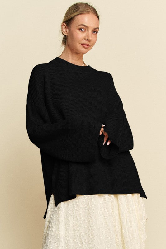 Davi & Dani High-Low Round Neck Drop Shoulder Sweater Black