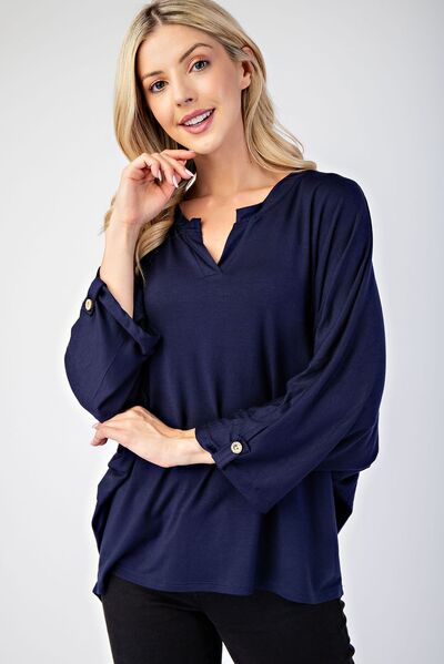 Celeste Full Size Notched Three-Quarter Sleeve Blouse Navy