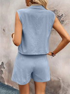 One-Button Sleeveless Cotton Top & Shorts Set