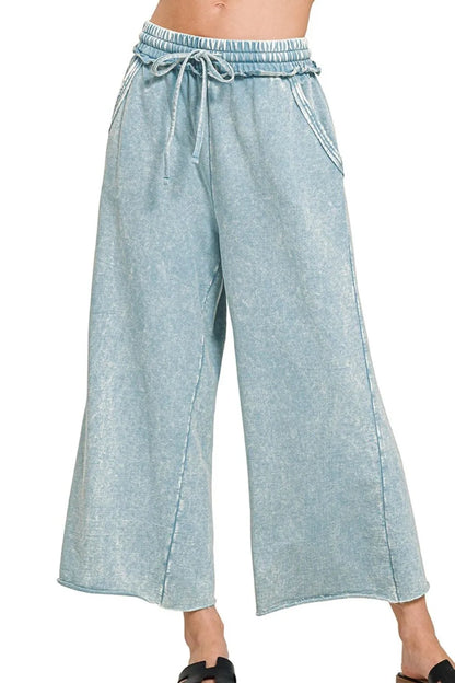 Zenana Washed French Terry Palazzo With Pockets Grey Blue