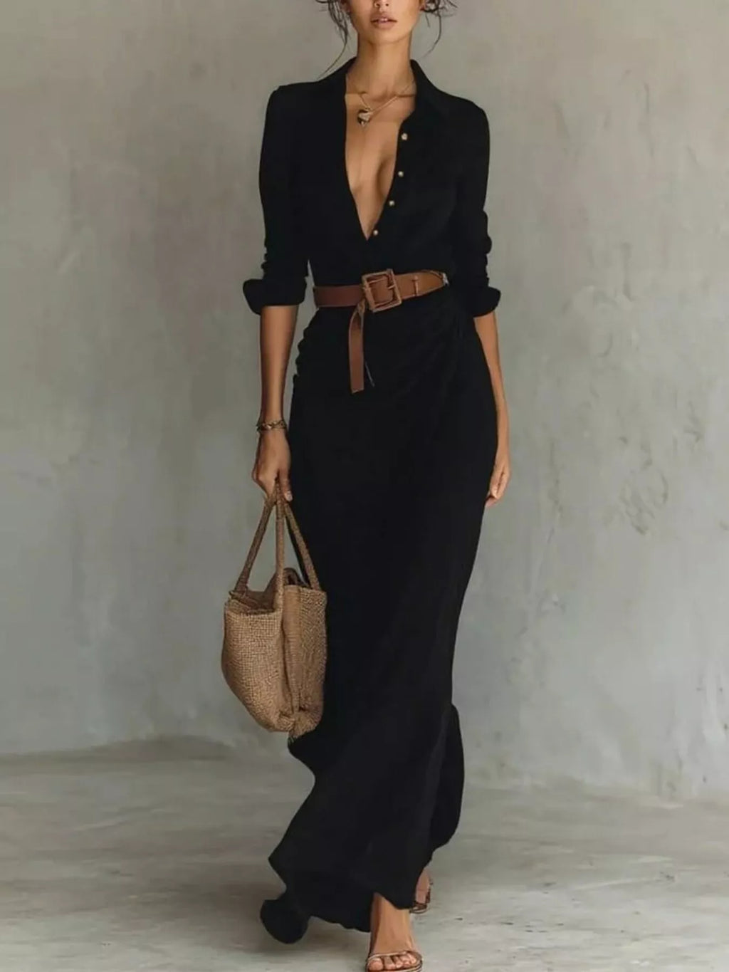 Ruched Button-Front Long Sleeve Maxi Dress (Plus Size) Black
