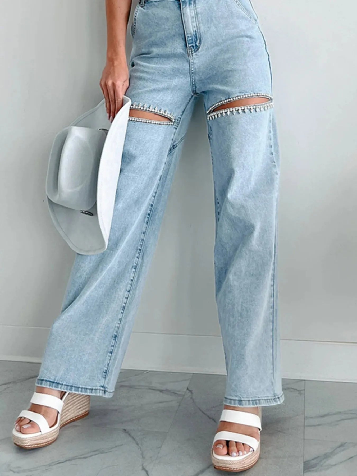 Ripped Wide Leg Wash Denim Jeans Light Blue