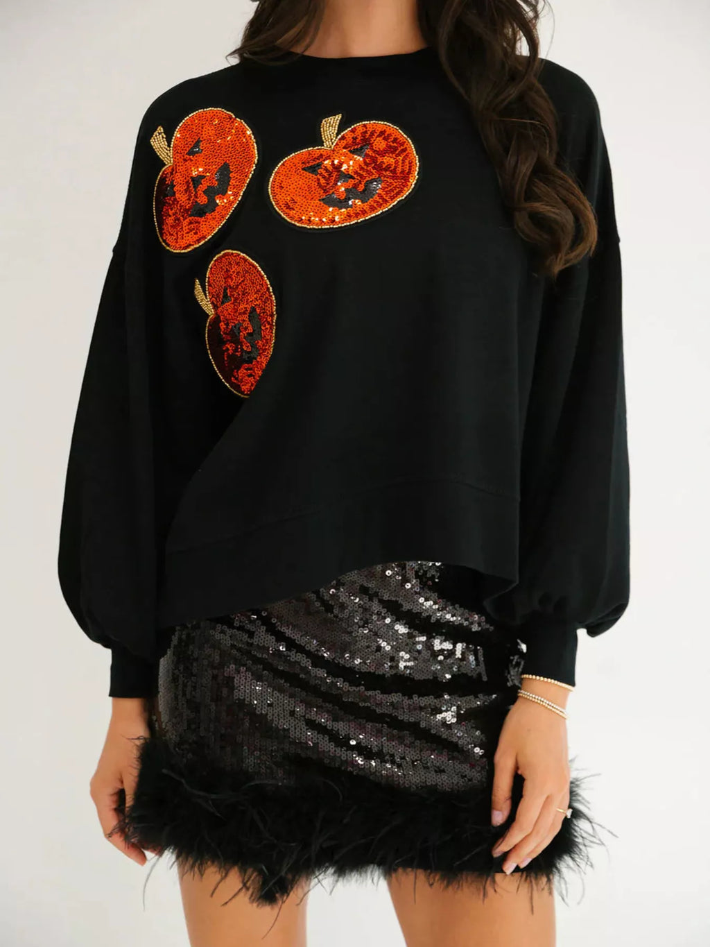 Sequin Halloween Pumpkin Round Neck Sweatshirt Black