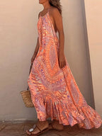 Backless Printed Halter Maxi Dress with Ruffles