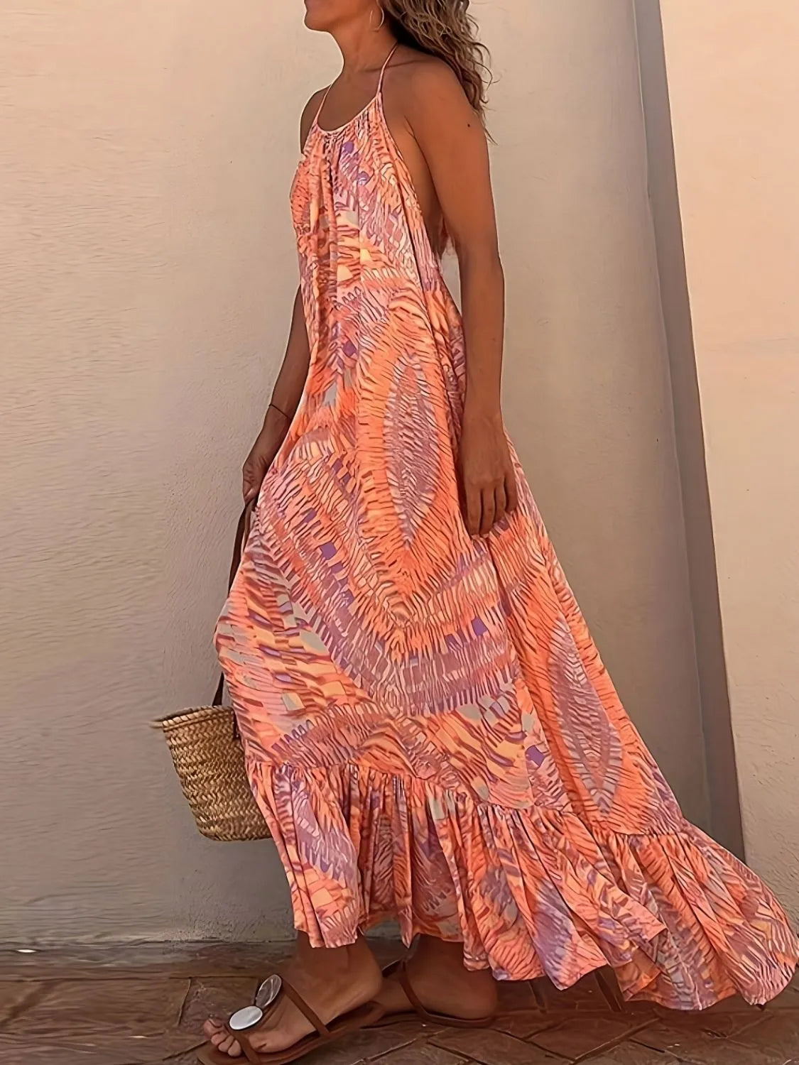 Backless Printed Halter Maxi Dress with Ruffles