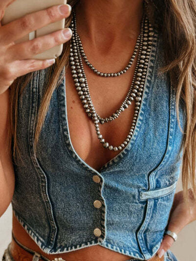 Buttoned V-Neck Denim Top Dusty Blue