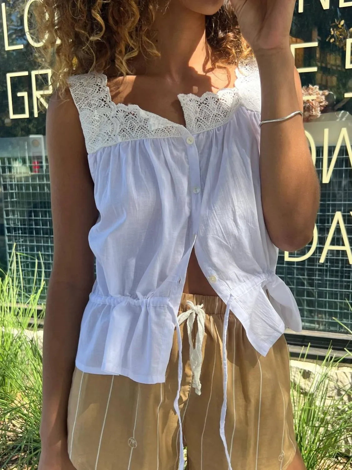 Lace Trim Drawstring Tank - Buttoned & Breezy Style