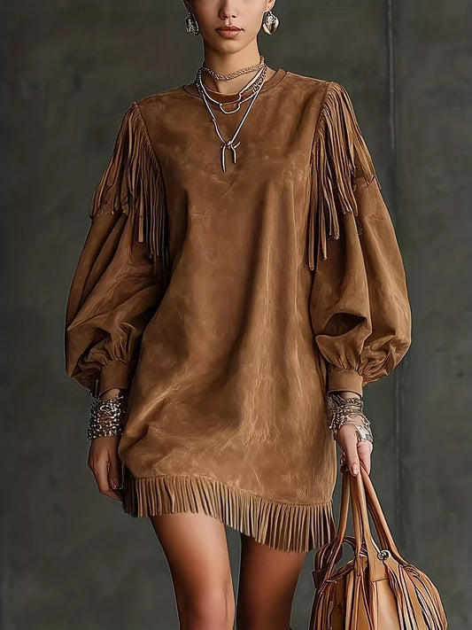 Statement Suede Fringe Lantern Sleeve Mini Dress Brown