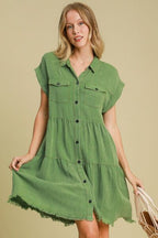 Umgee Full Size Frayed Hemline Button Down Shirt Dress Green