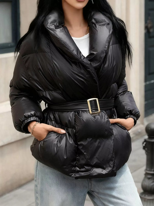 Long Sleeve Belted Puffer Jacket with Pockets Black