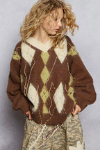 POL Argyle Dreams V‑Neck Mohair Sweater with Contrast Stitch