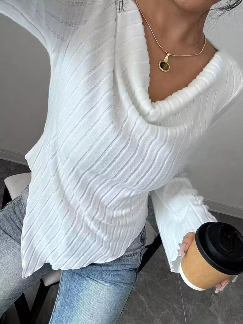 Asymmetrical Cowl-Neck Ribbed Knit Top