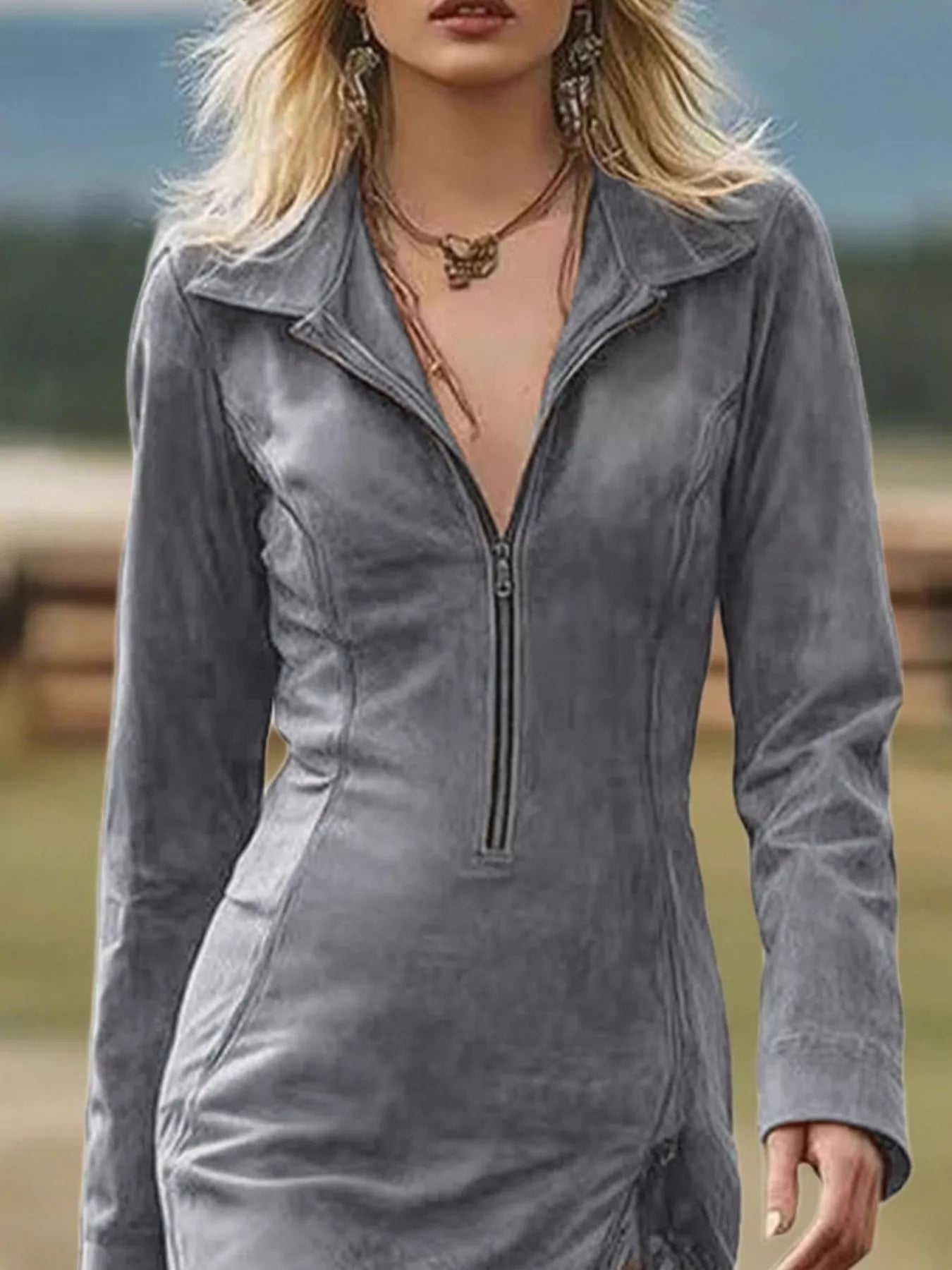 Full-Size Fringe Hem Zip-Front Bodycon Dress Gray