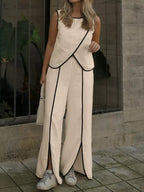 Contrast-Trim Top & Wide-Leg Pants Co-Ord Set