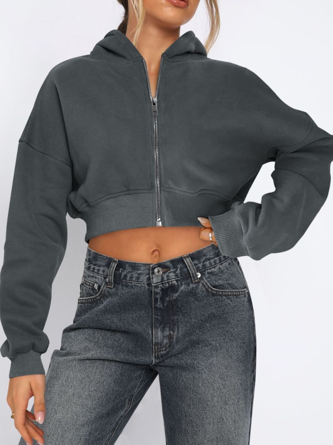 Zip-Up Long Sleeve Hooded Cropped Jacket Dark Gray