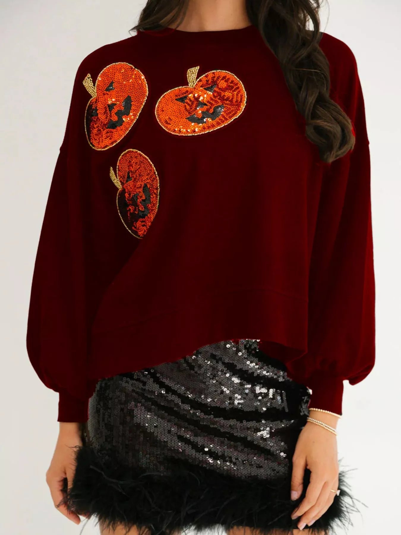 Sequin Halloween Pumpkin Round Neck Sweatshirt Red