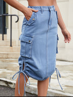 Drawstring Denim Skirt with Cargo Pockets - Casual & Stylish