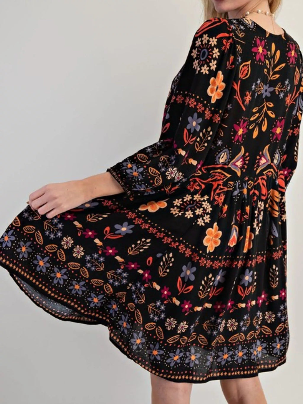 Bohemian Floral Print Ruched Long Sleeve Pocketed Mini Dress