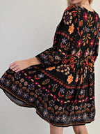 Bohemian Floral Print Ruched Long Sleeve Pocketed Mini Dress