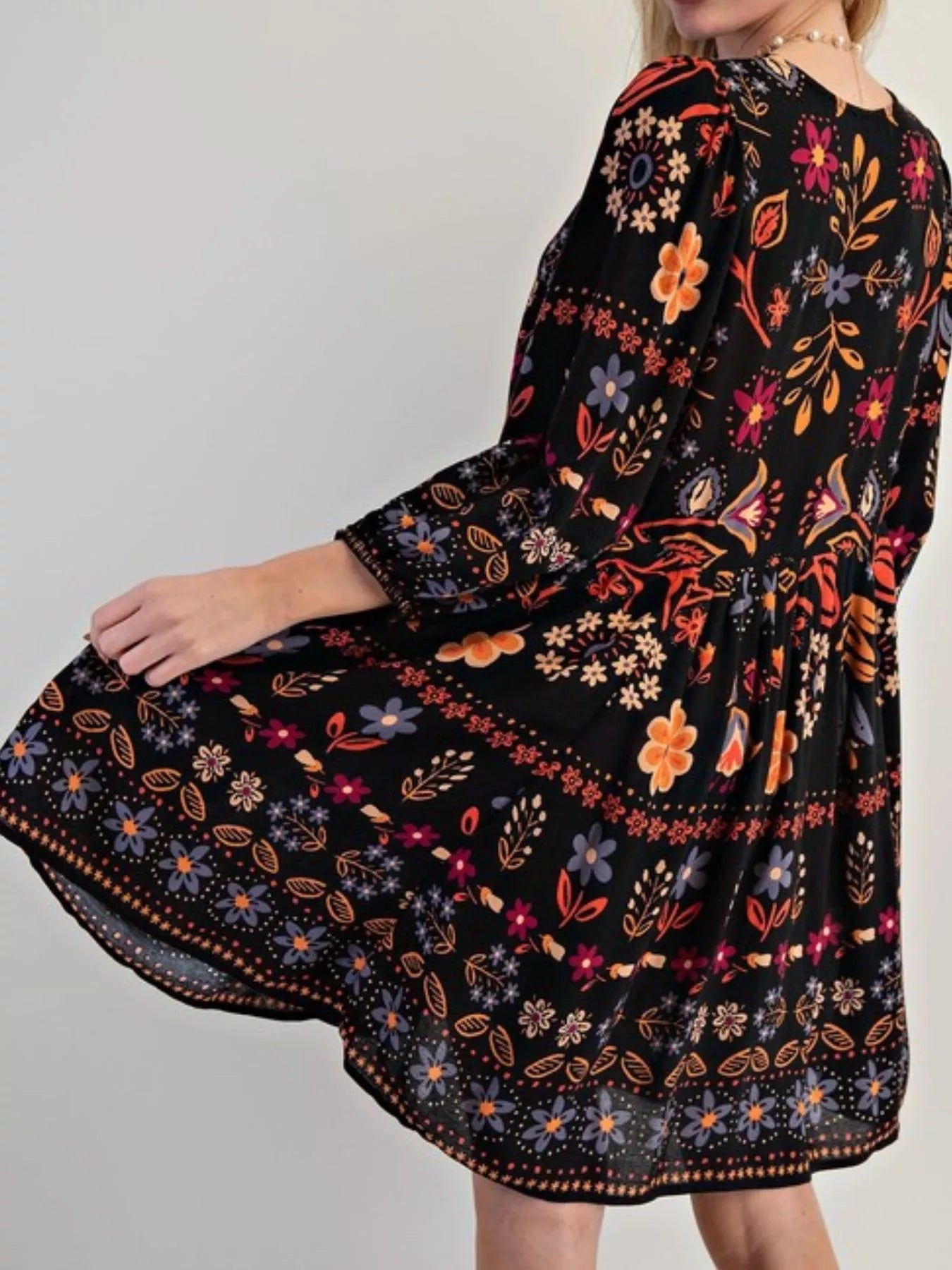 Bohemian Floral Print Ruched Long Sleeve Pocketed Mini Dress