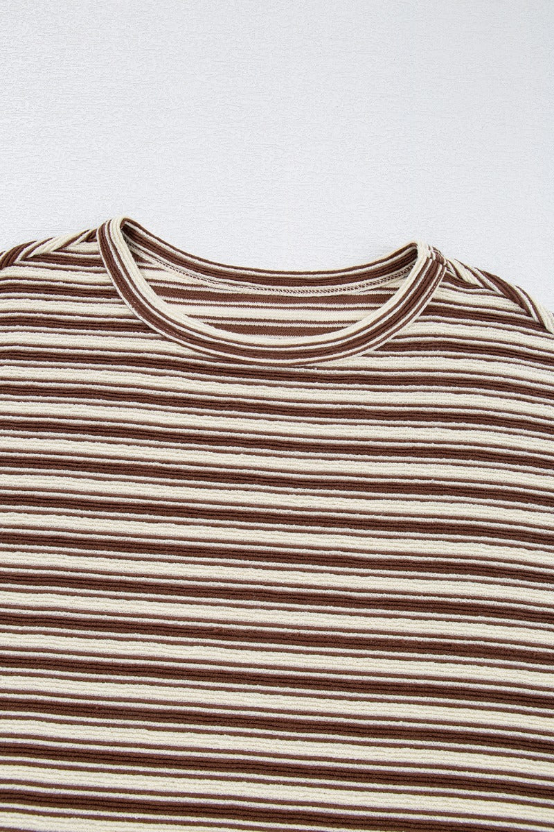 Stripe Textured Crew Neck T-Shirt with Side Slits - Relaxed Fit