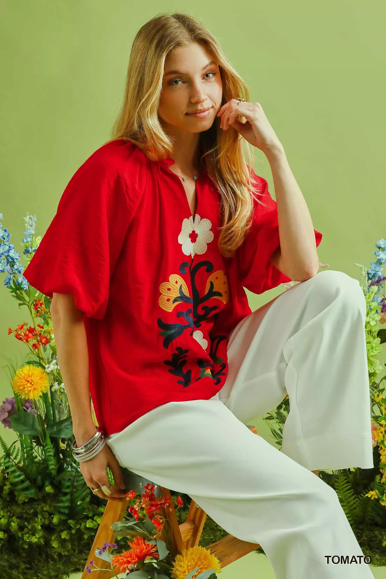 Umgee Embroidered Boho Puff Sleeve Split V-Neck Blouse Red Coral