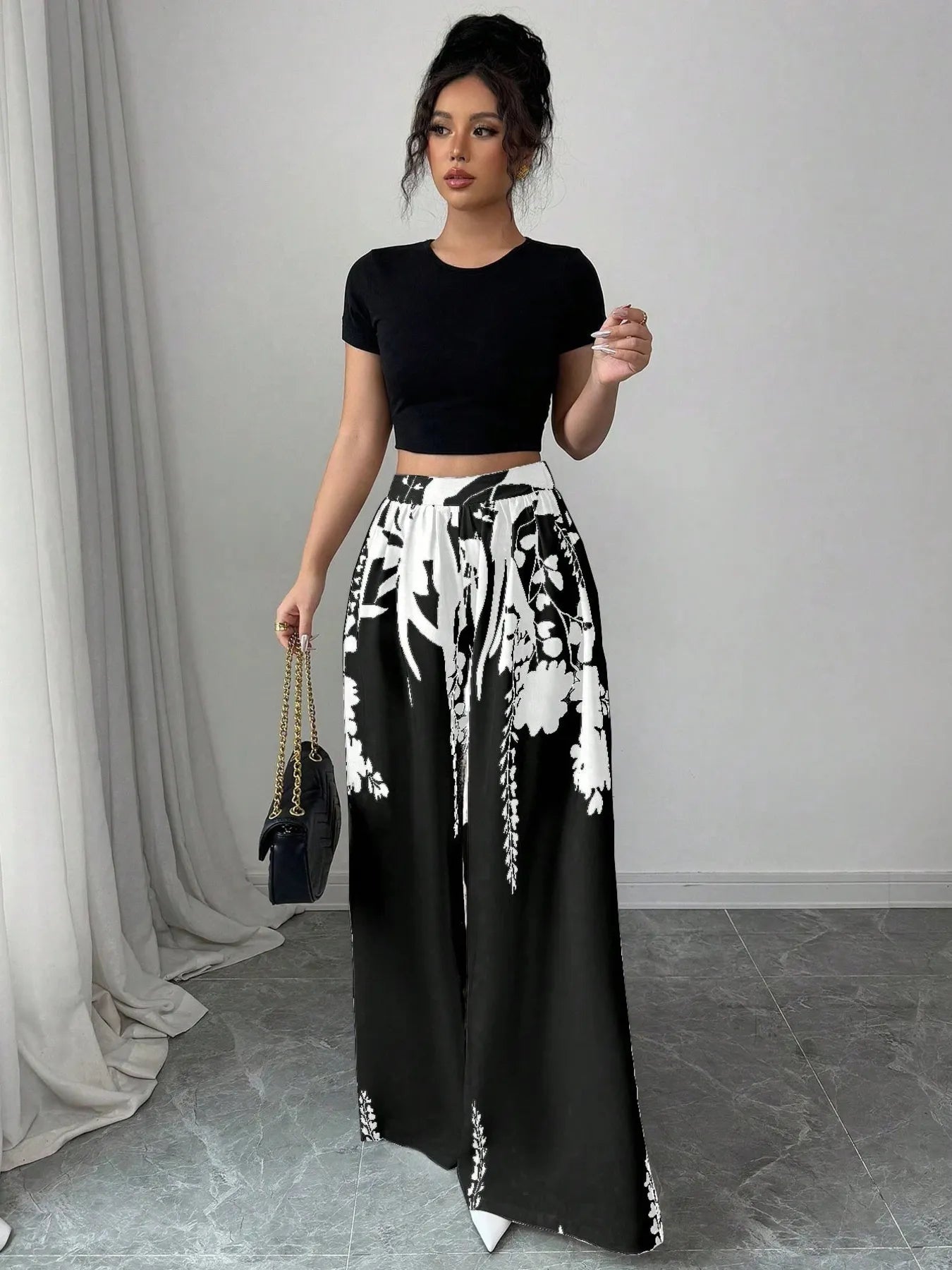 Flow & Flair Printed Wide Leg Pants Black